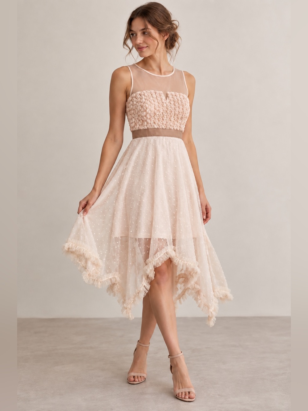 RYU Rosebud Tulle A-Line Dress Illusion Neck Blush Taupe M